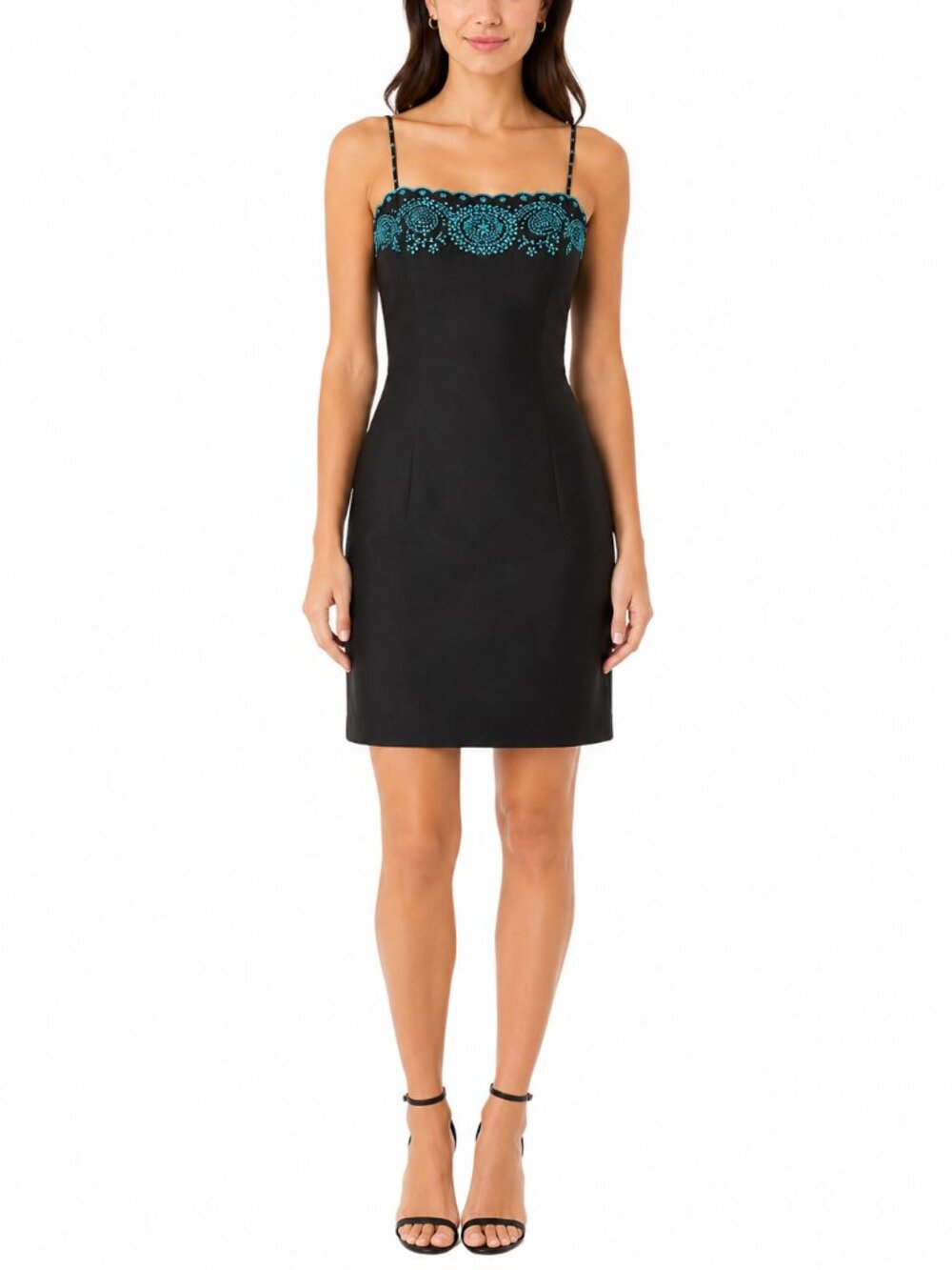 Ann Taylor Petites Black Silk Cocktail Mini Dress with Turquoise Beading LBD 0P